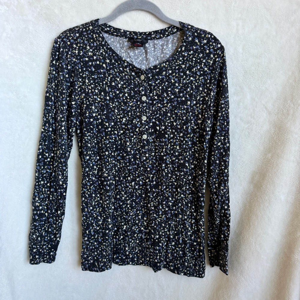 J.Crew Re-Imagined Womens Star Print Henley Top Black Navy Celestial Size M